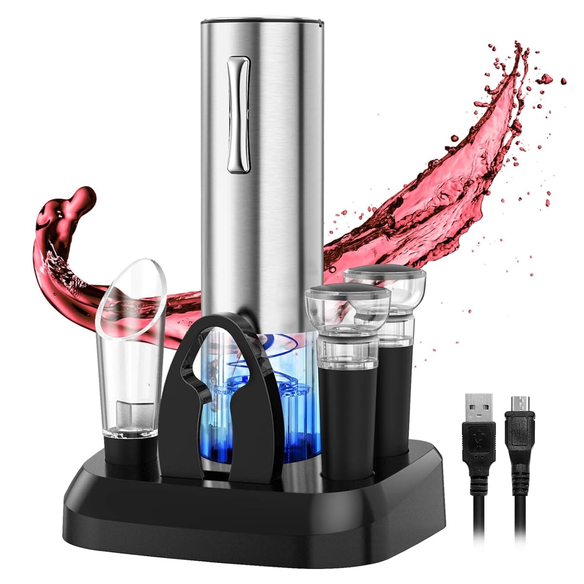 HASTHIP Electric Wine Opener with Charging Base, Rechargeable Automatic One-Button Corkscrew Opener Kit with Foil Cutter, 2pcs Vacuum Stopper and Wine Aerator Pourer for Home Party Wedding HASTHIP Electric Wine Opener with Charging Base, Rechargeable Automatic One-Button Corkscrew Opener Kit with Foil Cutter, 2pcs Vacuum Stopper and Wine Aerator Pourer for Home Party Wedding